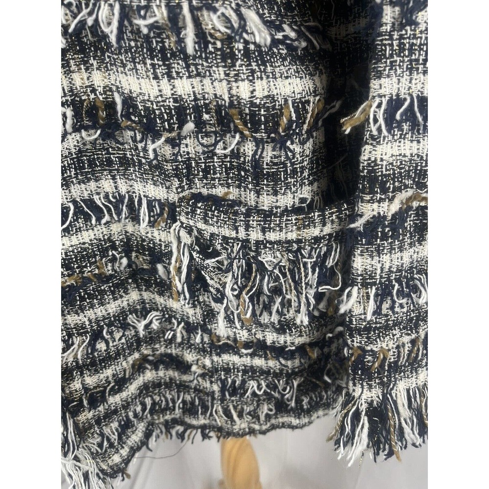 Zara Tweed Open Front Fringe Navy Blazer Jacket S‎ Oversized - Picture 6 of 6